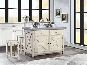 OSP Home Furnishings Nashville Kitchen Island with 2 Matching Stools, Cement Grey Top