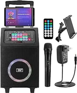 Pyle Portable Karaoke PA Speaker System - 600W 8” Rechargeable BT Speaker, TWS, Party Lights, LED Display, FM/AUX/MP3/USB/SD, Wheels - Wireless Mic, Remote Control, Tablet Holder Included - PHP18DJT