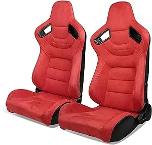 IKON MOTORSPORTS, Universal Racing Seats Pair with Dual Sliders, Red Suede Reclinable Left Right