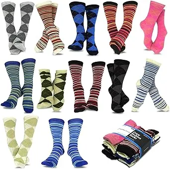 TeeHee Women's Value 12-Pack Fun Crew Socks (Argyle-Ministripe)