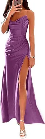 LYANER Women's Ruched Cowl Neck Strapless Split Tube Bodycon Party Long Dress