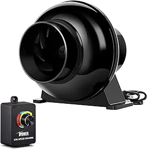 iPower 4 Inch 195 CFM Inline Duct Ventilation Fan Air Circulation Vent Blower with Variable Speed Controller for Hydroponics Grow Tent, Black