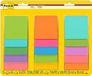 Post-it Super Sticky Notes, 3x3 in, 15 Pads, 2x the Sticking Power, Assorted Bright Colors, Recyclable(654-5SSAN)