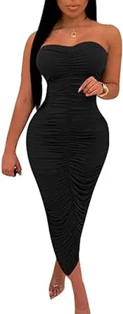 BEAGIMEG Women's Sexy Ruched Strapless Bodycon Tube Maxi Long Club Dress