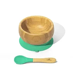 Avanchy Bamboo Baby Bowl with Spoon and Removable Silicone Suction Base – Non-Toxic, BPA-Free Feeding Bowl for Babies and Toddlers – Natural Bamboo Suction Bowl, Blue