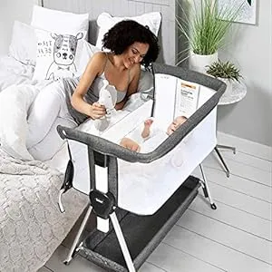 INFANS Baby Bassinet Bedside Crib, Newborn Sleeper w/Large Storage Basket, Adjustable Heights, Detachable &Washable Mattress, Breathable Mesh, Straps, Easy Moving Bed Side (Dark Grey)