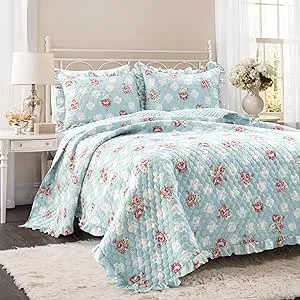 Lush Decor Cottage Core Floral Ruffle Reversible Oversized 3 Piece Quilt Set, Full/Queen, Blue & Blush