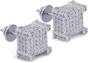 TOPGRILLZ 925 Sterling Silver Square Screw Stud Earrings 14K Gold 5A+ Cubic Zirconia Iced Out Square Screw Back Hypoallergenic Cube Large Stud Earrings For Men Women