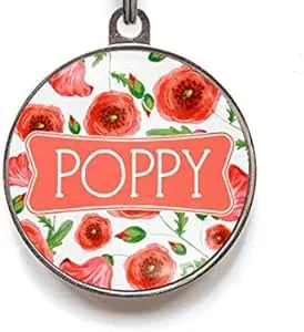 Poppy dog tag personalized, Custom floral pet id tag, meadow cat name enamel tag, flower endraved brass metal dog tags for dog,