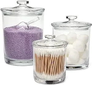 Premium Quality Clear Acrylic Plastic Apothecary Jars with Lids for Bathroom & Kitchen Organization – Elegant Durable Organizers for Cotton Swabs, Food & Candy Storage Set of 3 Sizes - 15, 35 & 45 oz