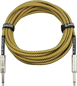 GLS Audio Instrument Cable - 1/4 Inch TS to 1/4 Inch Instrument Cable for Bass/Electric Guitar- Brown/Yellow Braided Tweed, 20ft