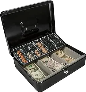 BARSKA 12-Inch Cash Box and Labeled 6 Compartment Tray with Key Lock