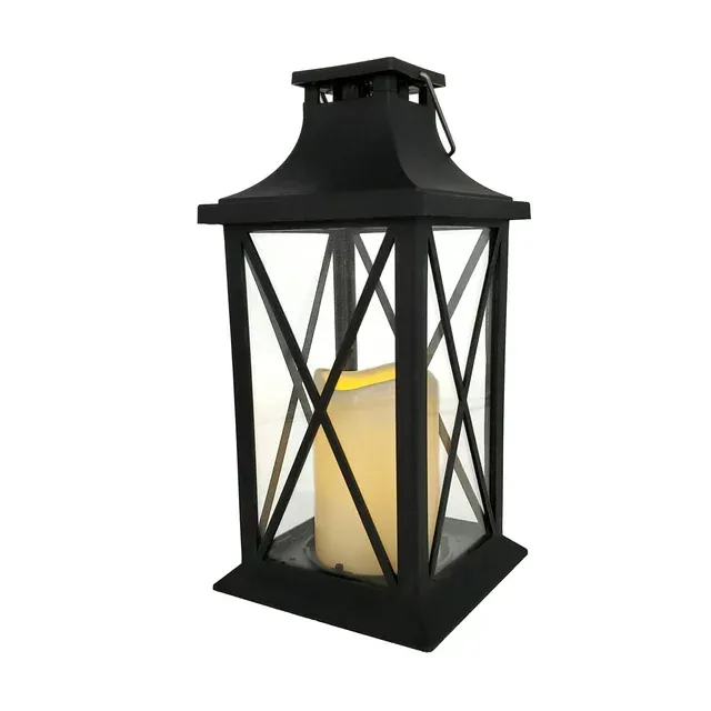 LumaBase Solar Powered Lantern with LED Candle Crisscross, Black