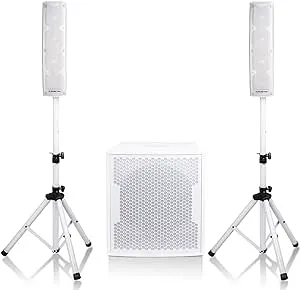 Sound Town Subwoofer and Column Speaker Line Array System CARPO-V4W15 with Two 500W Passive Column Speakers and One 15” 1600W Powered Subwoofer, White