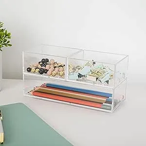 Martha Stewart Brody Desktop Storage Organizer, Stack and Slide Plastic Organizer Tray, Organizer for Office, Kitchen, or Vanity, 2-S, 1-M