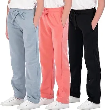 Real Essentials 3 Pack: Girls' Fleece Open Bottom Soft Athletic Performance Casual Sweatpants(Ages 7-16)