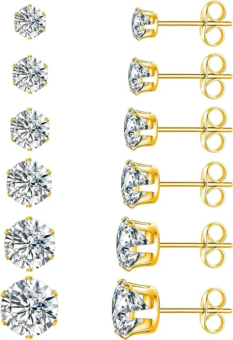 MDFUN 18K White Gold Plated Round Clear Cubic Zirconia Stud Earring Pack of 6 Pairs (6 Pairs)