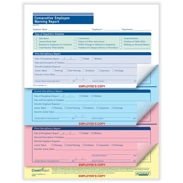 ComplyRight 4-Part Consecutive Employee Warning Report - 50/Pack