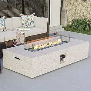 COSIEST Outdoor Propane Fire Pit Table, 56-inch x 28-inch Rectangle Terrazzo White Concrete-Like Finish, 50,000 BTU Stainless Steel Burner w Blue Fire Glass, Wind Guard, Raincover