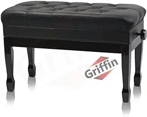 GRIFFIN Genuine Leather Piano Bench | Oversize Duet Vintage Black Solid Wood & Ergonomic Keyboard Stool | 2 Person Cushion Seat & Sheet Music Book Storage Space | Guitar Musicians Chair & Vanity Bench