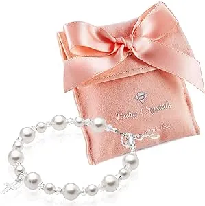 White Pearl Girls Toddler Bracelet with Sterling Silver Cross Charm