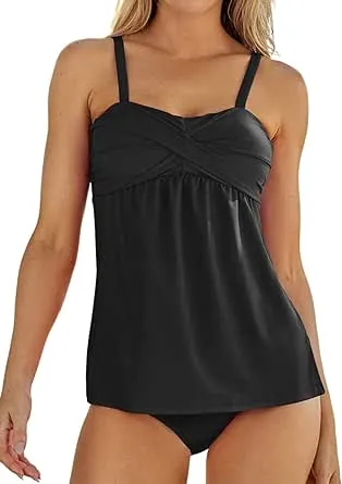 Aleumdr Women's 2pcs Swing Tankini Triangle Briefs Swimsuit Black X-Large