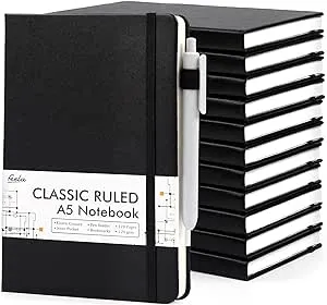 12 Pack Notebooks Journals Bulk with 12 Black Pens, feela A5 Hardcover Notebook Classic Ruled Journal Set with Pen Holder for School Business Work Tra