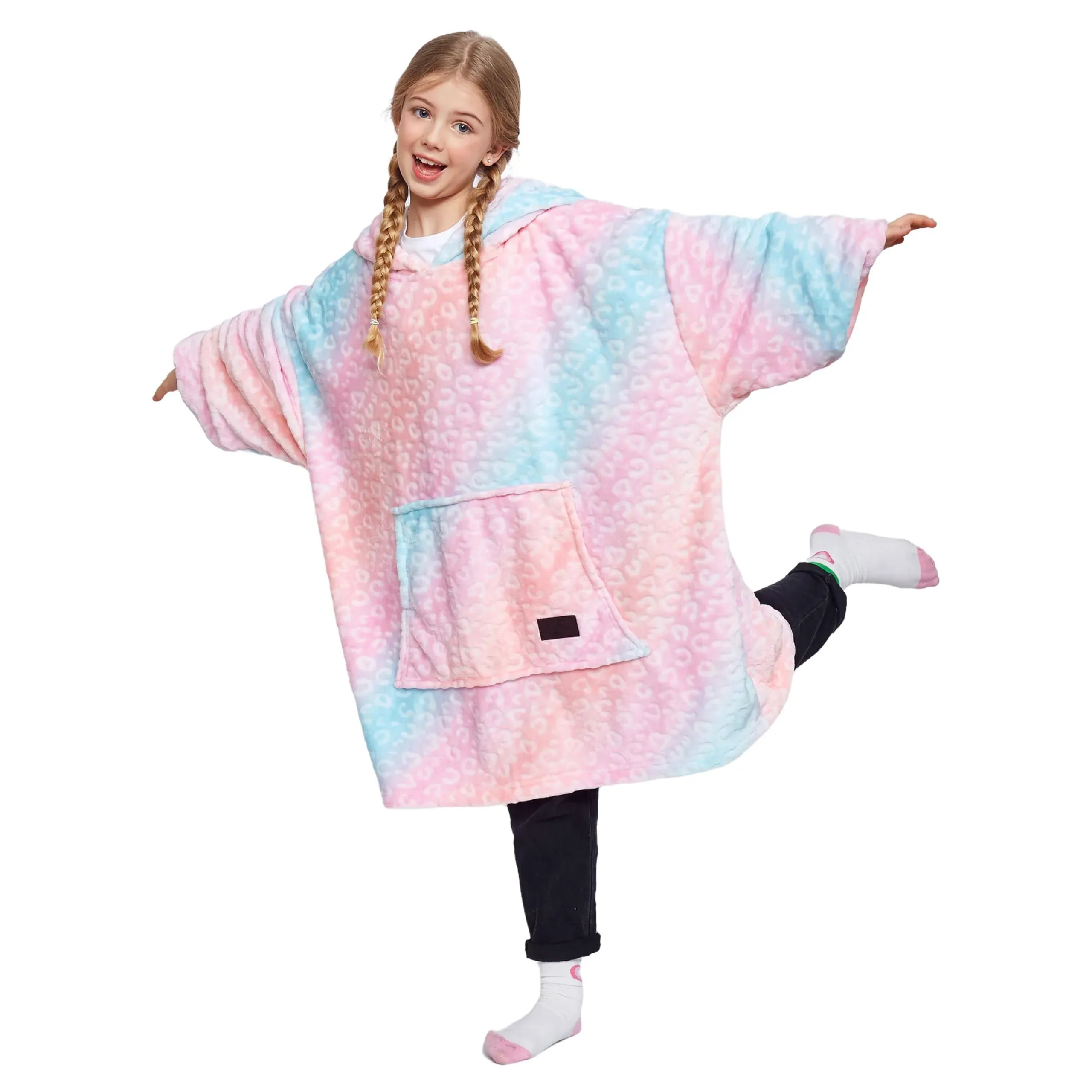 Catalonia Rainbow Cat Oversized Blanket Hoodie Sweatshirt for Kids, Wearable Fleece Pullover with Large Front Pocket, Teen Boys Girls Gift