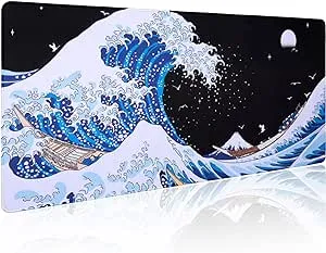 Sea Wave Japanese Art Mouse Pad Gaming XXL Full Desk Mat Extra Large Long Extended Mousepad Big Pads Table Keyboard Mat for Office Home Game 35.4 X 15.7 Inches