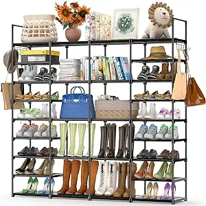 Kottwca 10 Tier Tall Shoe Rack Organizer for Closet Entryway, 20-24 Pair Shoe Boot Storage Rack, Narrow Metal Shoe Shelf Small Vertical Stackable Shoe Stand for Bedroom Corner with 2 Hooks PP Gaskets