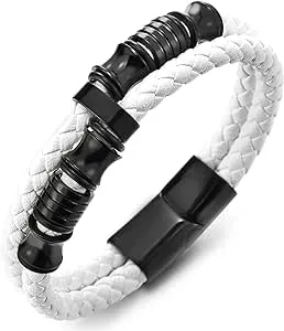 COOLSTEELANDBEYOND Multi-Strand Braided Leather Bracelet for Men - Stainless Steel Ornaments - Magnetic Clasp - Ideal Gift - ZL-Metal Color: Black,