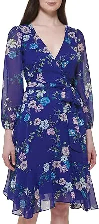 Jessica Howard Women's Floral Chiffon Wrap Mini Dress with Long Sleeves