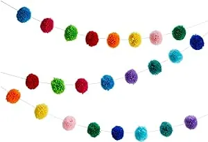 BLUE PANDA 10 Feet Colorful Wool Pom Pom Garland for Rainbow Birthday Decorations (24 Balls), 5 Colors