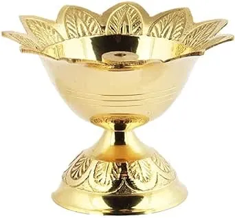 Traditional Embossed Brass Diya Oil Lamp Lamp for Puja With Stand (Pack of 1)