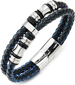 COOLSTEELANDBEYOND Mens Double-Row Braided Leather Bracelet Bangle Wristband with Stainless Steel Ornaments