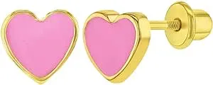 Gold Plated Pink Enamel Heart Screw Back Earrings for Toddlers &amp; Young Girls