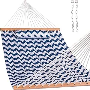 Lazy Daze Hammocks 12 FT Double Quilted Hammock with Spreader Bars and Detachable Pillow, 2 Person Hammock for Outdoor Patio Backyard Poolside, 450 LBS Weight Capacity, Blue Chevron Stripe