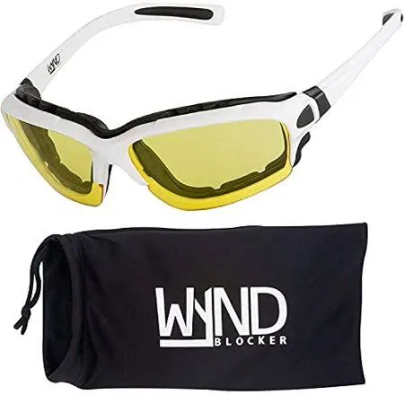 Wynd Blocker Motorcycle Riding Glasses Extreme Sports Wrap Sunglasses, White, Yellow Night Driving