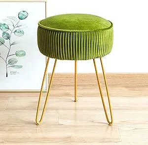 LUE BONA Pleated Vanity Stool, Velvet Upholstered Vanity Stool for Makeup Room, Round Mondern Stool for Vanity, Ottoman Footrest Stool with Metal Legs for Living Room, Bedroom, Matcha Green