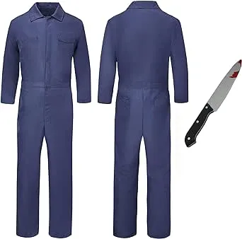 Adult Halloween Killer Costume-Dark Navy Coverall with Toy Knife, Halloween Ends Cosplay, Michael Killers Costume Set