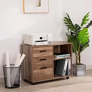 Naomi Home Parker Rolling Office Cabinet with Drawers, Lateral Desk Cabinet Organizers, Office Cabinets, Racks & Shelves, Office Drawer Unit, Printer Stand with File Cabinet Walnut