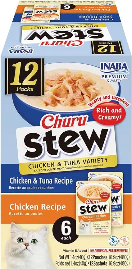 INABA Churu Stew for Cats, Broth Gelée with Shredded Chicken Side Dish Pouch with Vitamin E, 1.4 Ounces per Pouch, 12 Pouches, Chicken & Tuna Variety