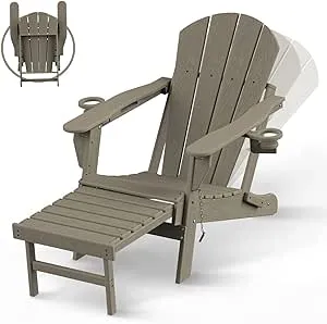 Folding Adirondack Chair with Adjustable Backrest & Ottoman, Wood Texture All-Weather HDPE Outdoor Chairs w/Cup Holders & Retractable Footrest for Poolside, Fire Pit, Campfire, Light Brown