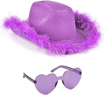 Funcredible Purple Cowboy Hat and Glasses - Fluffy Cowgirl Hat - Feather Cowboy Hats for Women - Cowgirl Costume Accessories