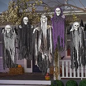 JOYIN 5 Pcs Halloween Hanging Grim Reapers, one 47”, Four 35" Halloween Skeleton Flying Ghosts for Halloween Outdoor Decoration, Haunted Haunted House Prop, Halloween Party Supplies Decor