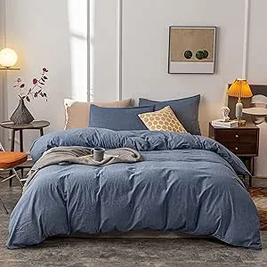 Janlive Washed Cotton Duvet Cover Twin Ultra Soft 100% Cotton Solid Color Navy Blue Duvet Cover Set with Zipper Closure - 2 Pieces Navy Blue Twin