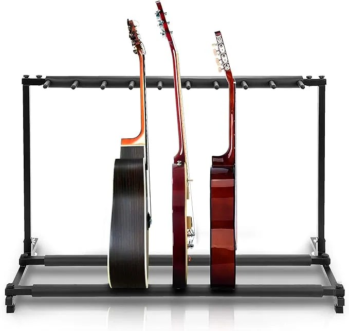 Pyle 9-Space Foldable Universal Multi Guitar Stand - Guitar Stand Portable Collapsible Instrument Floor Guitar Rack Holder w/ Foam Padding - For Acoustic, Electric, Bass Guitar & Guitar Bag / Case