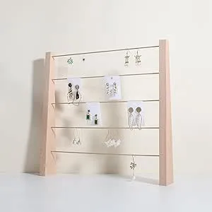 GemeShou 5 Tiers Beech Earring display stands for selling, Wooden Jewelry Shelf, Earring Storage Organizer, Brass earring holders with 30 PVC cards for stud Dangle Hoop【Beech 5-Tier Height 15.35"】