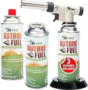 Jo Chef Pro Butane Torch Lighter - Refillable Butane Torch Head, Small Butane Torch with Safety Lock & Adjustable Flame - Culinary Blow Torch, Creme Brulee Torch, Baking, Included 1 Butane Canister