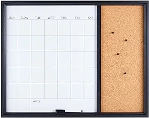 Towle Living White Calendar & Cork Board Combo for Home Office, Dorm Room, Bedroom, Kitchen, Classroom, 24 x 19 Inch, Black